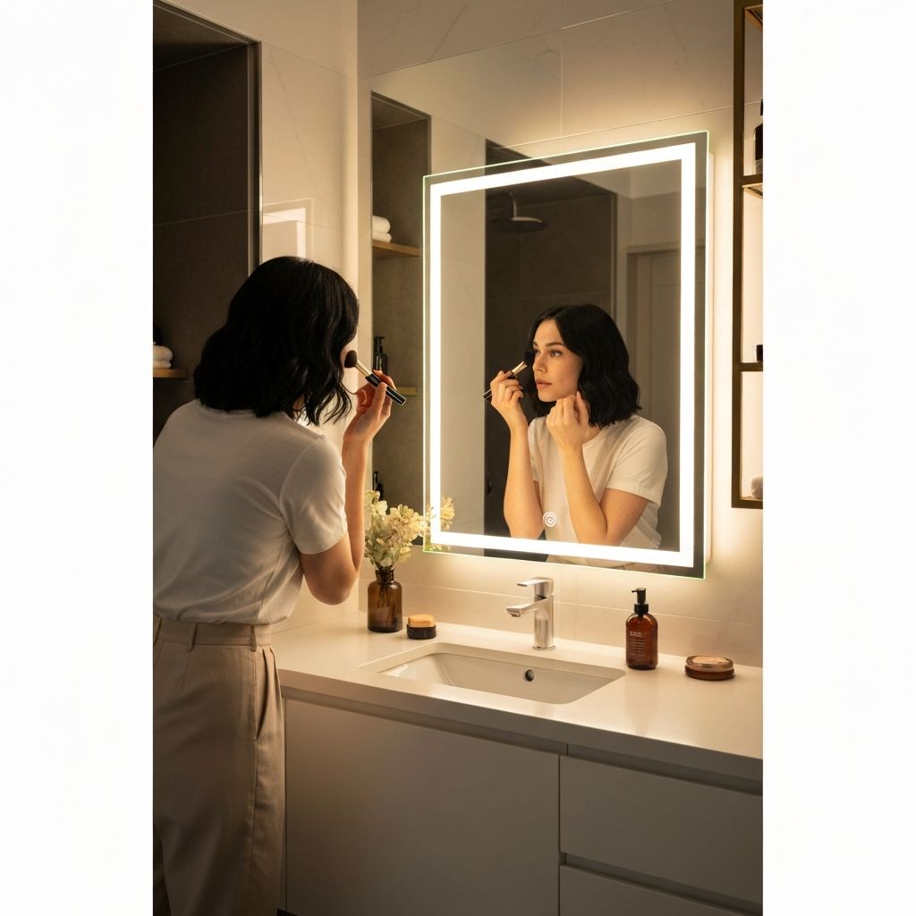 Mujer usando el espejo LED Lumetra para maquillaje